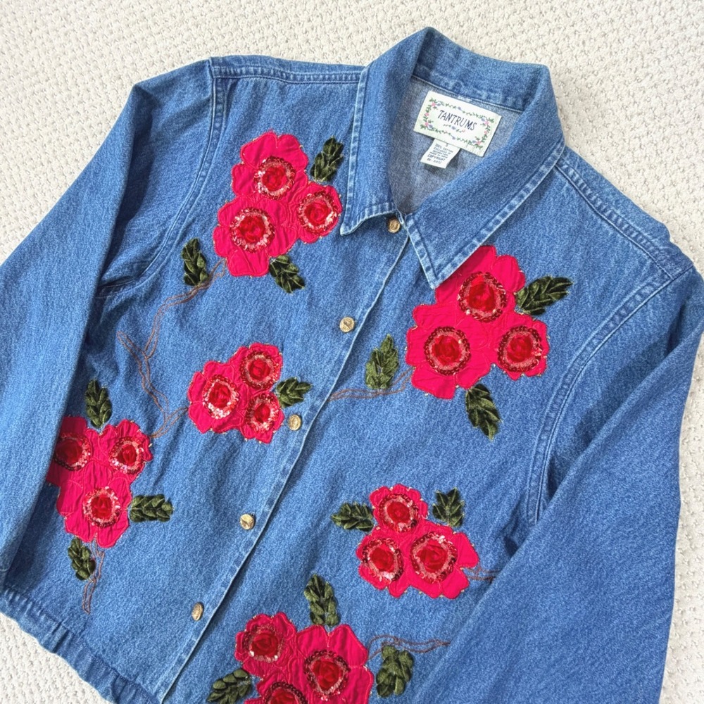 Floral Denim Chore Jacket VTG Tantrums Women SM Cottage Grandma Artsy Shacket - Picture 2 of 11